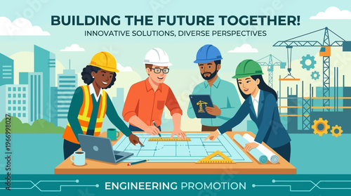 Diverse Engineering Team Collaborating on Construction Plans