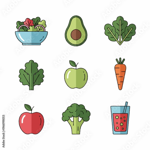 Healthy Food Icons - Salad, Avocado, Kale, Parsley, Apple, Carrot, Broccoli, Juice.