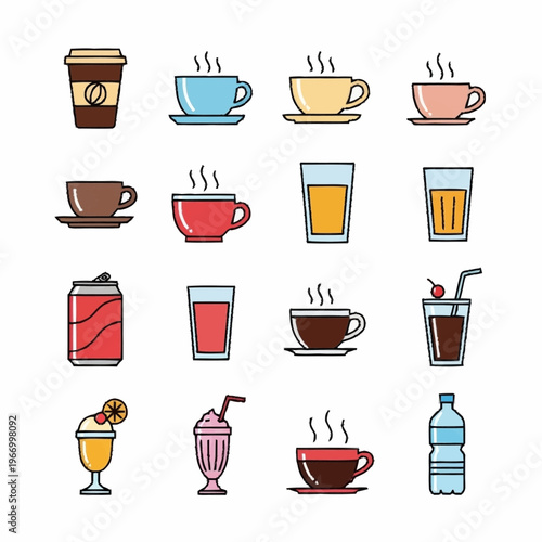 Diverse Beverage Collection - Coffee, Tea, Juice, Soda, and More.
