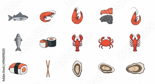 Assorted Seafood Icons - Fish, Shrimp, Lobster, Sushi, and Oysters.
