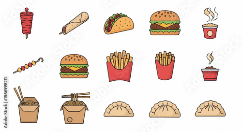 Assortment of Fast Food Icons - Burgers, Fries, and International Cuisine.
