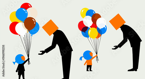 Surreal conceptual vector illustration of child giving balloons to adult, abstract figures with geometric heads, symbolic kindness and sharing concept