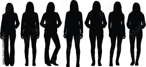 Standing human silhouettes casual clothing, posture variation figures, black illustration art, business casual outline design, minimalistic human form concept