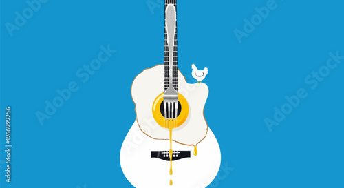 Surreal acoustic guitar and fried egg vector illustration, creative food music concept with fork and chicken, minimalist blue background art
