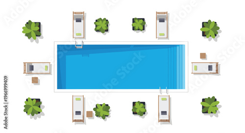 A top-down view shows a rectangular swimming pool surrounded by lounge chairs, side tables, and potted plants on a white background.