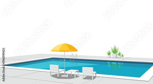 An outdoor swimming pool with blue water, a yellow umbrella, and white furniture is depicted against a clean white background.