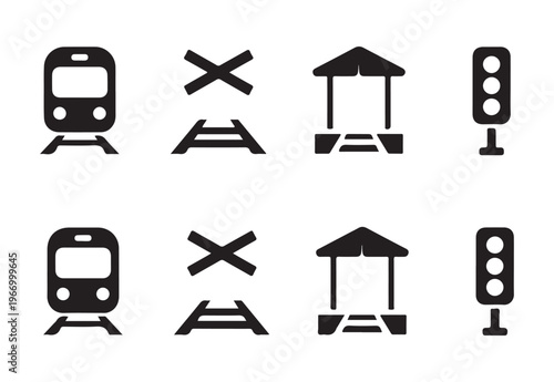 Train vector icons set, railway transportation symbols, railroad signs, level crossing, traffic light.