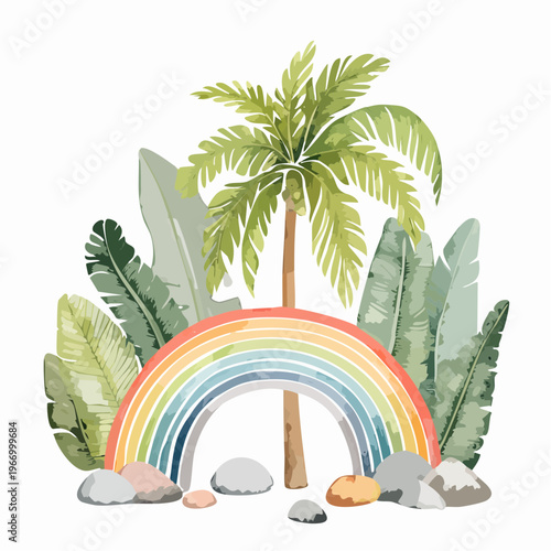 Aquarell-Set mit Palmenbaum, zarten Pflanzen, Bananenblättern und niedlichem Regenbogen – verspielte Deko-Elemente für Kinderdesign