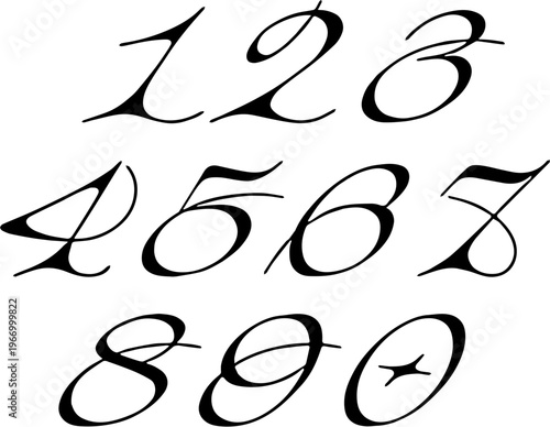 Elegant calligraphy numbers set 0 to 9 in luxury script style, isolated on white background