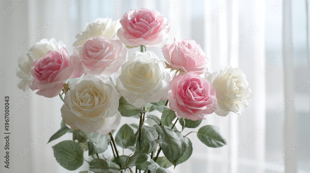 Obraz premium Beautiful Arrangement of Realistic Artificial Roses in Pink and White Hues with Green Leaves on a Bright Day Close to a Window, Soft Natural Lighting