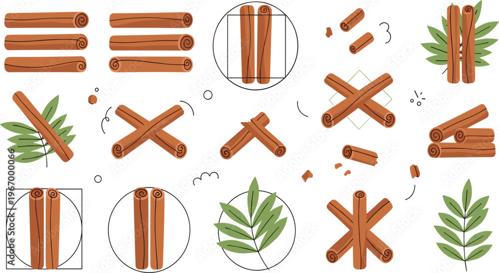 Φωτογραφία Cinnamon sticks composition set with crossed bundles leaves and spice elements h