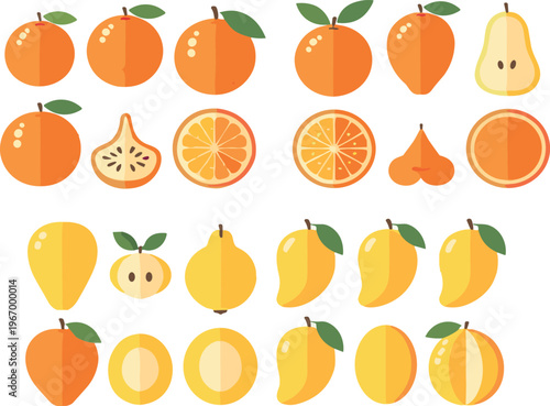 Orange and mango fruit collection with slices citrus and tropical food flat vector illustration set isolated on white background