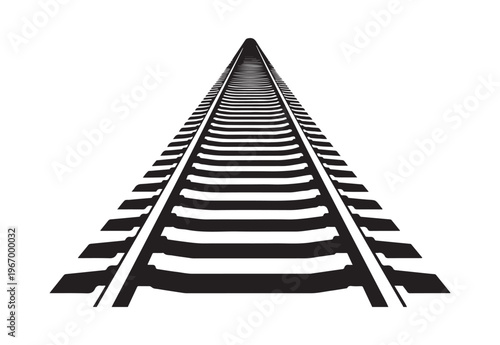 Perspective view of straight railroad tracks receding into horizon for travel and transportation design concept.