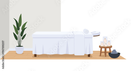 A bright spa room contains a white-draped massage table, a wooden stool with lit candles and a stone bowl, and a tall potted plant.