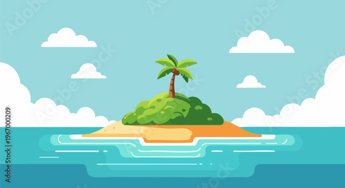 Tropical island vector illustration, lonely palm tree on a desert island in the ocean, flat style summer paradise landscape with blue sea and clouds