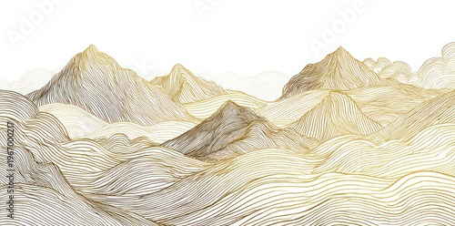 Stylized golden mountains and valleys, abstract line art