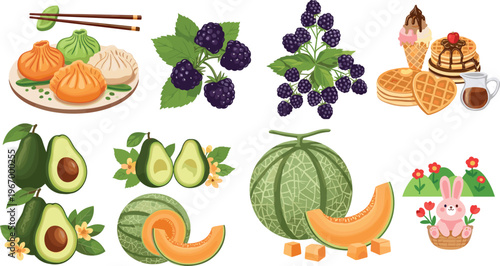 Food and fruit collection with dumplings blackberry avocado melon waffles and desserts colorful vector illustration set isolated on white background