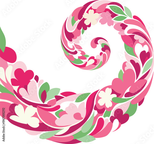 Pink and green floral swirl illustration, a vibrant and elegant decorative vector art piece with intricate details and a dynamic composition.