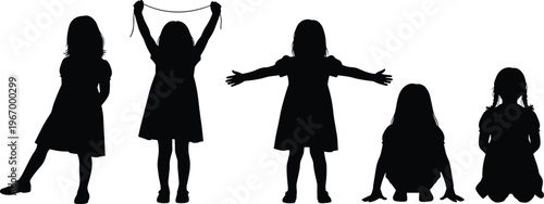 Girl, silhouettes, child, kid, posing, standing, sitting, playful, childhood, people, black, isolated, set, collection, illustration, design, vector, cute, emotion, gesture
