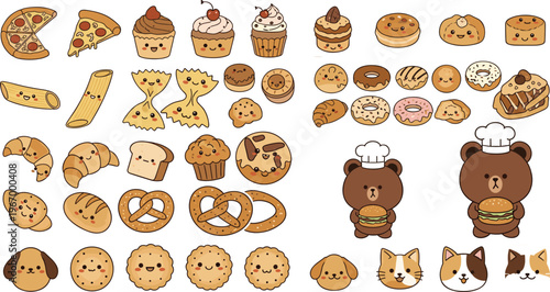 Cute kawaii food and animal collection with pizza pasta donuts cookies burger and bear cartoon vector set isolated on white background