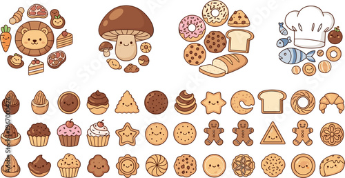 Cute bakery and food icon collection with cookies bread mushroom and sweets kawaii cartoon vector set isolated on white background