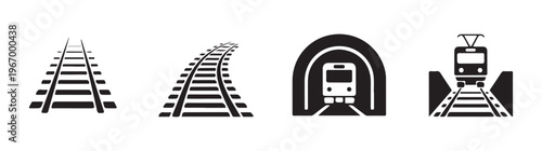 Set of railroad track, train, and tunnel vector icons for transportation and travel graphic designs.