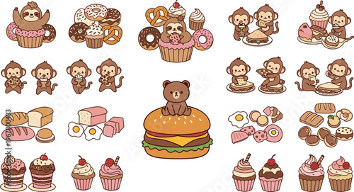 Cute kawaii animal and dessert collection with monkey bear cupcakes donuts burger and bakery food cartoon vector set isolated on white background