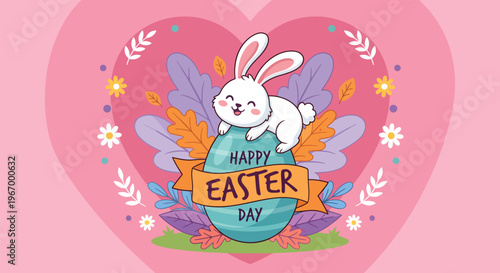 Colorful easter celebration with a white bunny on a green egg in a pink heart with flowers and leaves happy easter day