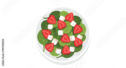 A round white plate holds a fresh spinach salad garnished with bright red sliced strawberries and numerous small white cheese cubes.
