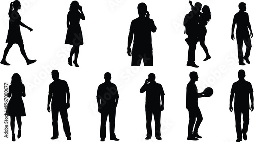 People, silhouettes, men, women, walking, standing, talking, lifestyle, daily, activity, people, black, isolated, set, collection, illustration, design, vector, character, motion
