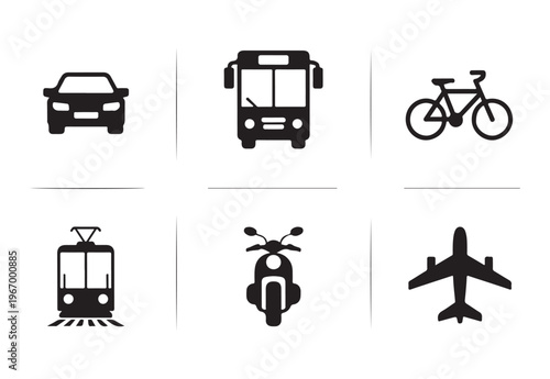 Public transport silhouette icons including car bus bicycle tram scooter and airplane for travel infographics.