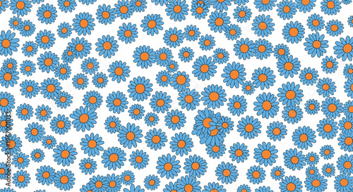 Numerous cartoonish blue daisies with orange centers form a dense, repeating pattern across a white background.