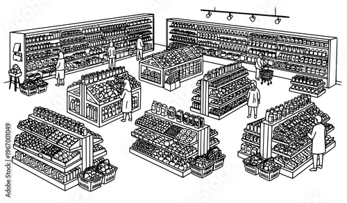 Minimalist grocery shop interior black and white vector with product sections and shoppers sketch style illustration