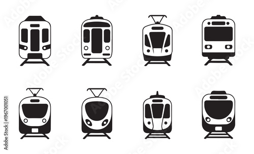 Modern train front view icons collection featuring high speed rail and subway metro silhouette design shapes.