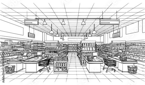 Black and white grocery store interior sketch with supermarket aisles shelves and checkout counters vector illustration
