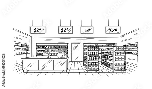 Local grocery store interior black and white line sketch with cashier counter and display racks vector illustration