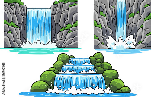 Cartoon waterfall vector set, blue water cascading down rocky cliffs and mossy stones, collection of 3 nature landscape elements for game design