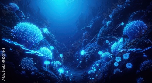 Underwater Scene with Bioluminescent Jellyfish and Coral Reefs: Marine Ecosystem with Luminous Organisms and Aquatic Flora
