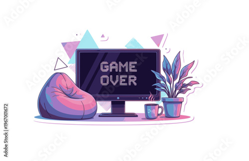 Lofi Game Over Screen Monitor Silhouette Sticker, Cozy Chill Gaming Setup Vector, Modern Vaporwave Lifestyle Illustration
