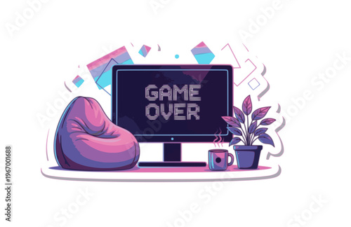 Lofi Game Over Screen Monitor Silhouette Sticker, Cozy Chill Gaming Setup Vector, Modern Vaporwave Lifestyle Illustration