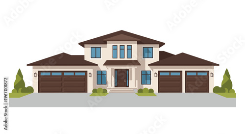 A large, traditional two-story house with three garage doors and a gabled roof is illustrated against a white background.