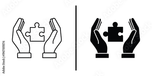 Hands Holding Puzzle Piece Icon for Problem Solving and Business Strategy.