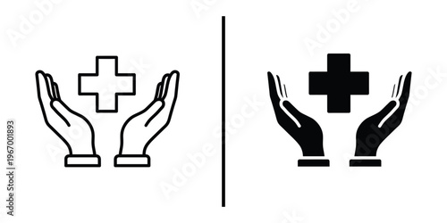 Hands Holding Medical Cross Icon for Healthcare and Pharmacy Support.