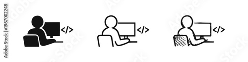 Programmer Icon Set - Developer Working on Computer with Code Tags