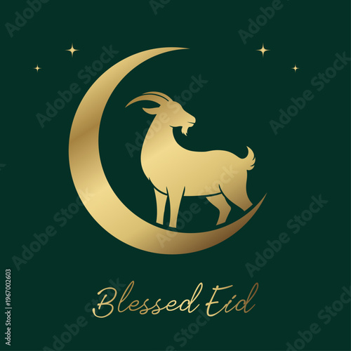 Elegant Blessed Eid greeting card featuring gold Foil goat silhouette and crescent moon on emerald green background. Islamic Bakra Eid al-Adha luxury vector illustration.