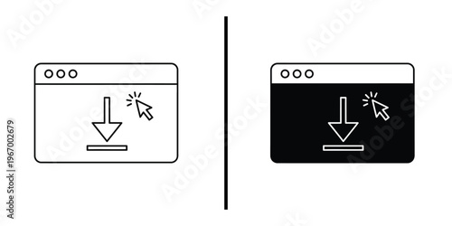 Browser Download Icon Window with Cursor Vector Line Art and Silhouette.