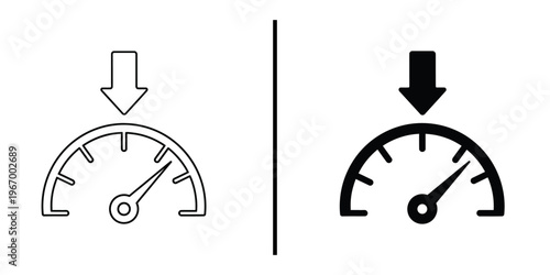 Speed Reduction Icon Gauge with Down Arrow Vector Line Art and Silhouette.