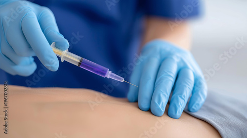 Medical professional administering a spinal injection for back pain relief in a clinical setting, healthcare and pain management concept, defocused background, with copy space