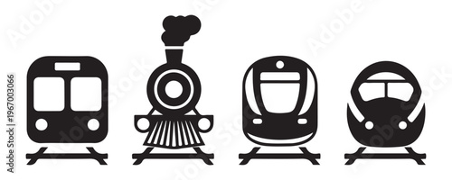 Train line vector set, railway transportation icons, metro and subway signs with rail tracks, isolated black symbols.