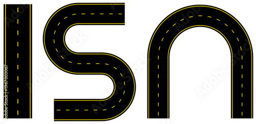 Flat parts street straight and winding roads wavy. Seamless asphalt roads template. Flat set with black Highway or roadway on white background.
